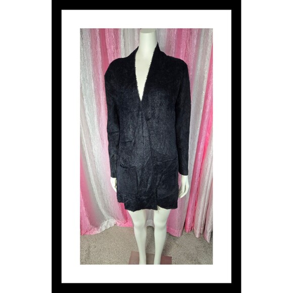 LOVE TOKEN Black Faux Fur Cozy Open Front Cardigan Size Large - Picture 1 of 12